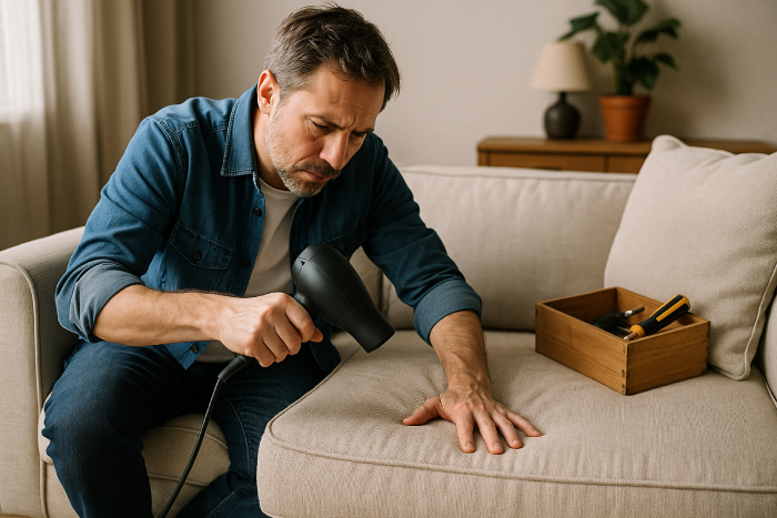 Repairing a dent in a sofa